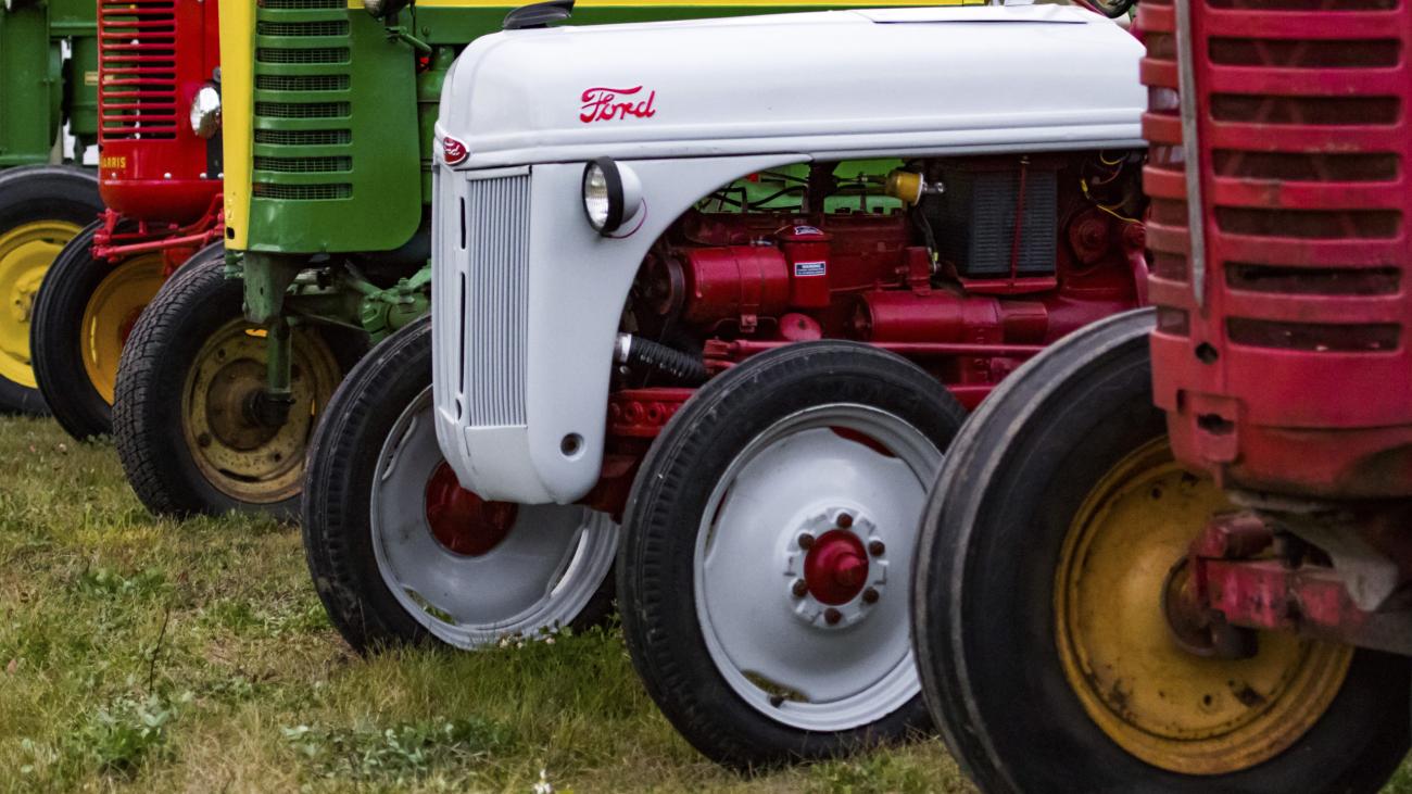 Vintage tractors in a row, featuring white, red, and green colors.