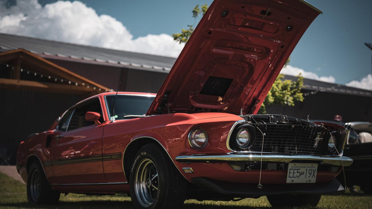 Red classic car with hood open, parked on grass under a blue sky.