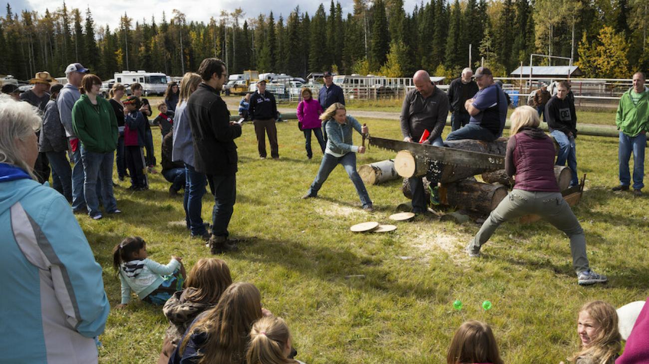 Crowd watching two people chopping wood at an outdoor event in a grassy area.