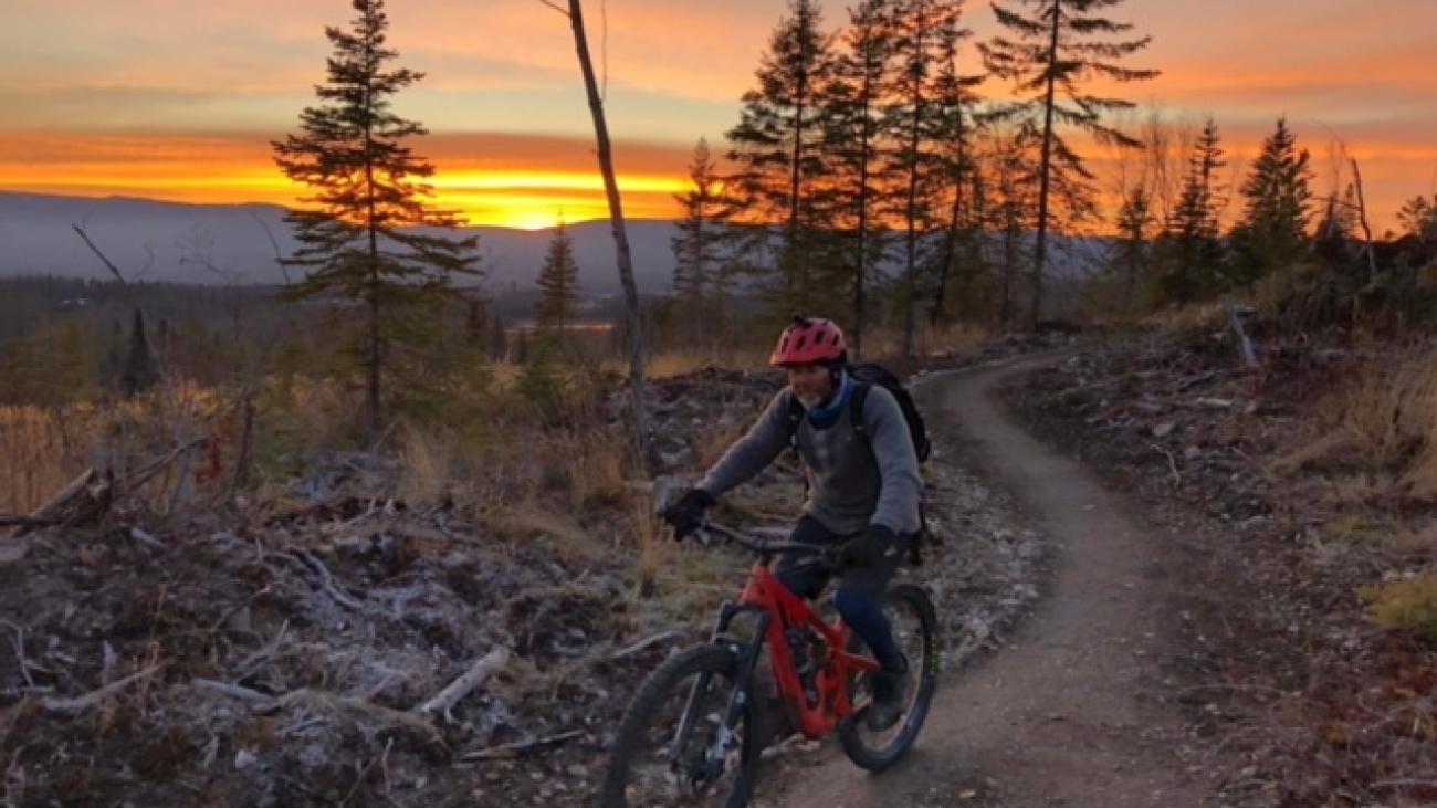Mountain biker on forest trail during vibrant sunset ride through rugged terrain.