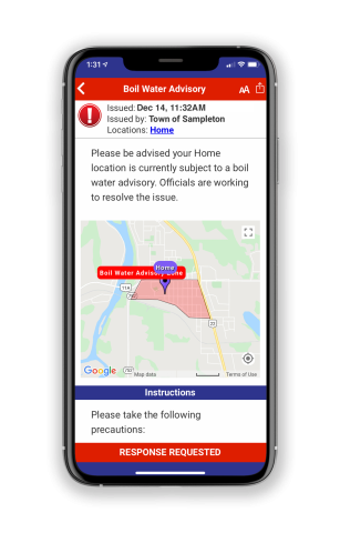 Boil Water Advisory alert on a smartphone screen with a map.